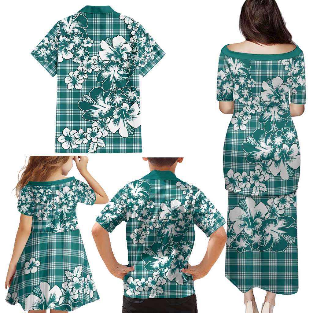 Hibiscus Pakala Aqua Teal Family Matching Puletasi and Hawaiian Shirt Tropical Floral Stylized LT01 - Polynesian Pride