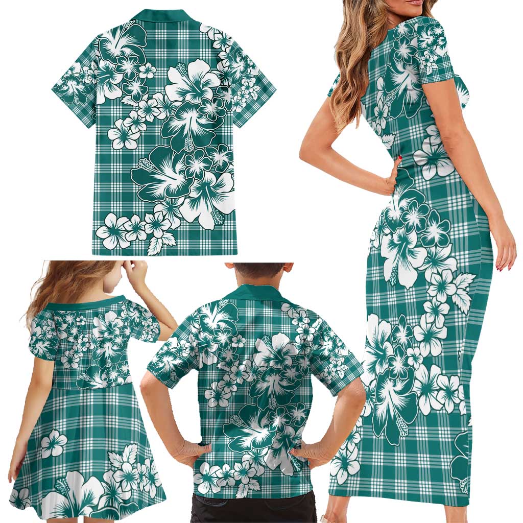 Hibiscus Pakala Aqua Teal Family Matching Short Sleeve Bodycon Dress and Hawaiian Shirt Tropical Floral Stylized LT01 - Polynesian Pride