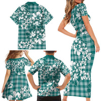 Hibiscus Pakala Aqua Teal Family Matching Short Sleeve Bodycon Dress and Hawaiian Shirt Tropical Floral Stylized LT01 - Polynesian Pride