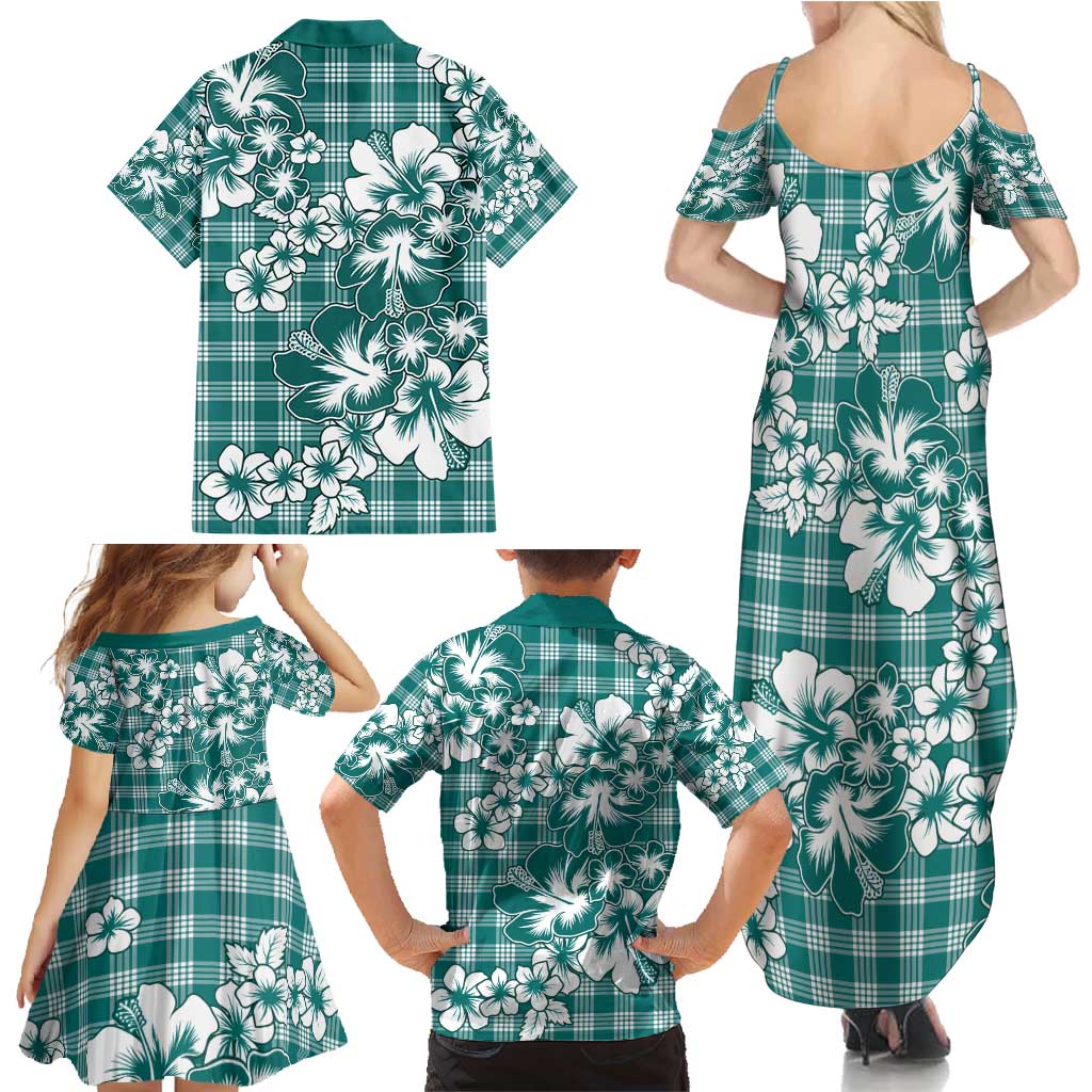 Hibiscus Pakala Aqua Teal Family Matching Summer Maxi Dress and Hawaiian Shirt Tropical Floral Stylized LT01 - Polynesian Pride