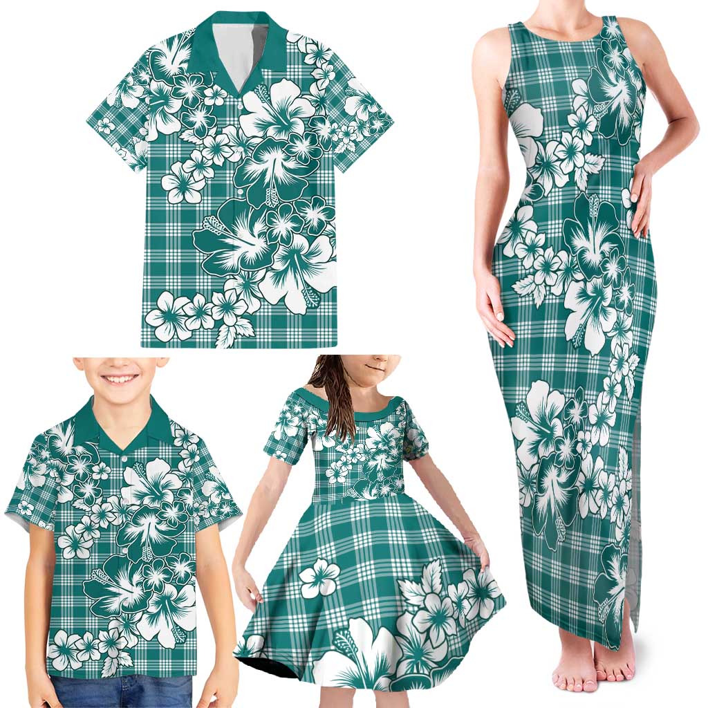 Hibiscus Pakala Aqua Teal Family Matching Tank Maxi Dress and Hawaiian Shirt Tropical Floral Stylized LT01 - Polynesian Pride