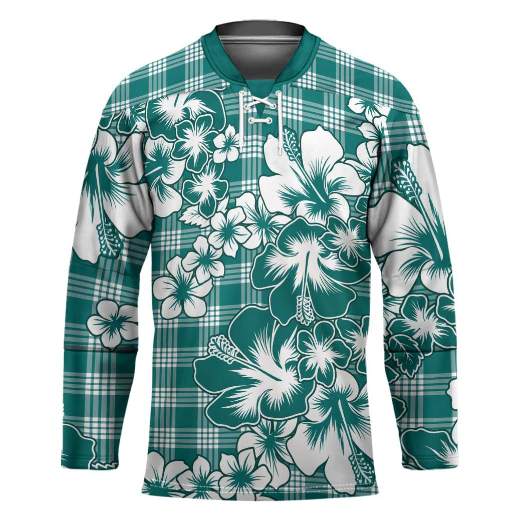 Hibiscus Pakala Aqua Teal Hockey Jersey Tropical Floral Stylized - Polynesian Pride