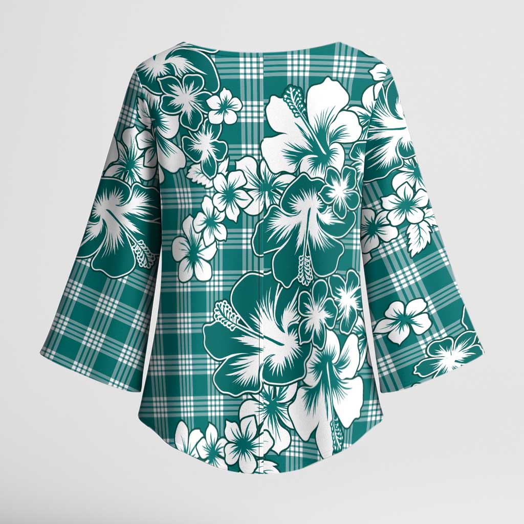 Hibiscus Pakala Aqua Teal Kimono Sleeve Blouse Tropical Floral Stylized - Polynesian Pride