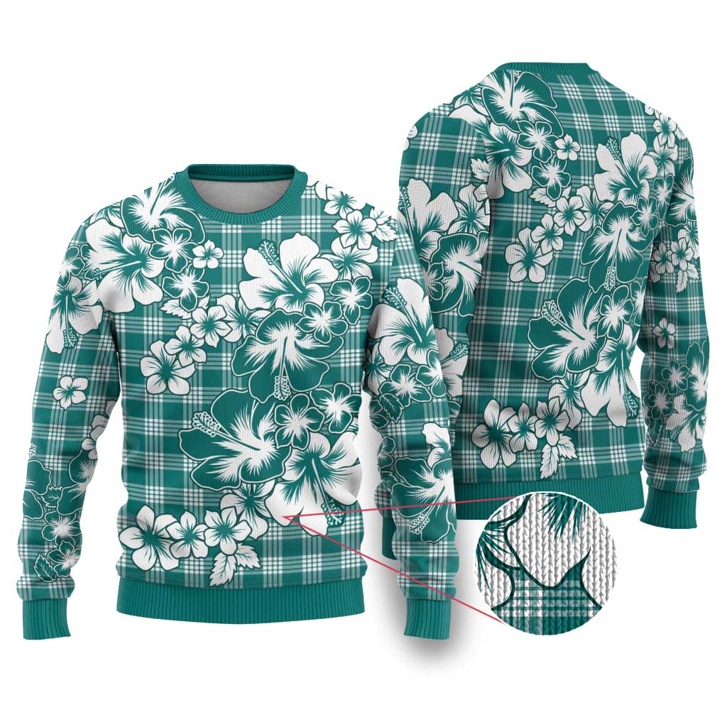 Hibiscus Pakala Aqua Teal Ugly Christmas Sweater Tropical Floral Stylized - Polynesian Pride