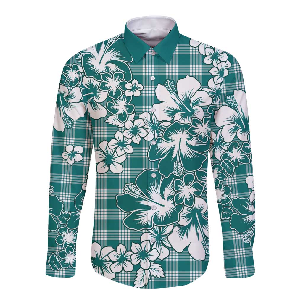 Hibiscus Pakala Aqua Teal Long Sleeve Button Shirt Tropical Floral Stylized LT01 Unisex Teal - Polynesian Pride