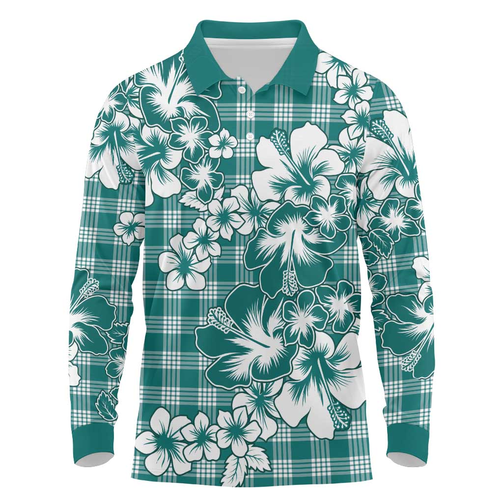 Hibiscus Pakala Aqua Teal Long Sleeve Polo Shirt Tropical Floral Stylized LT01 Teal - Polynesian Pride