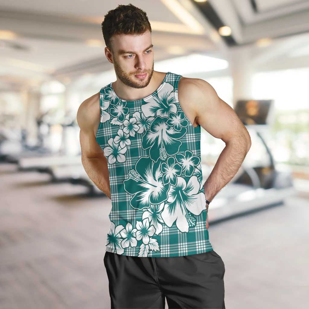 Hibiscus Pakala Aqua Teal Men Tank Top Tropical Floral Stylized - Polynesian Pride