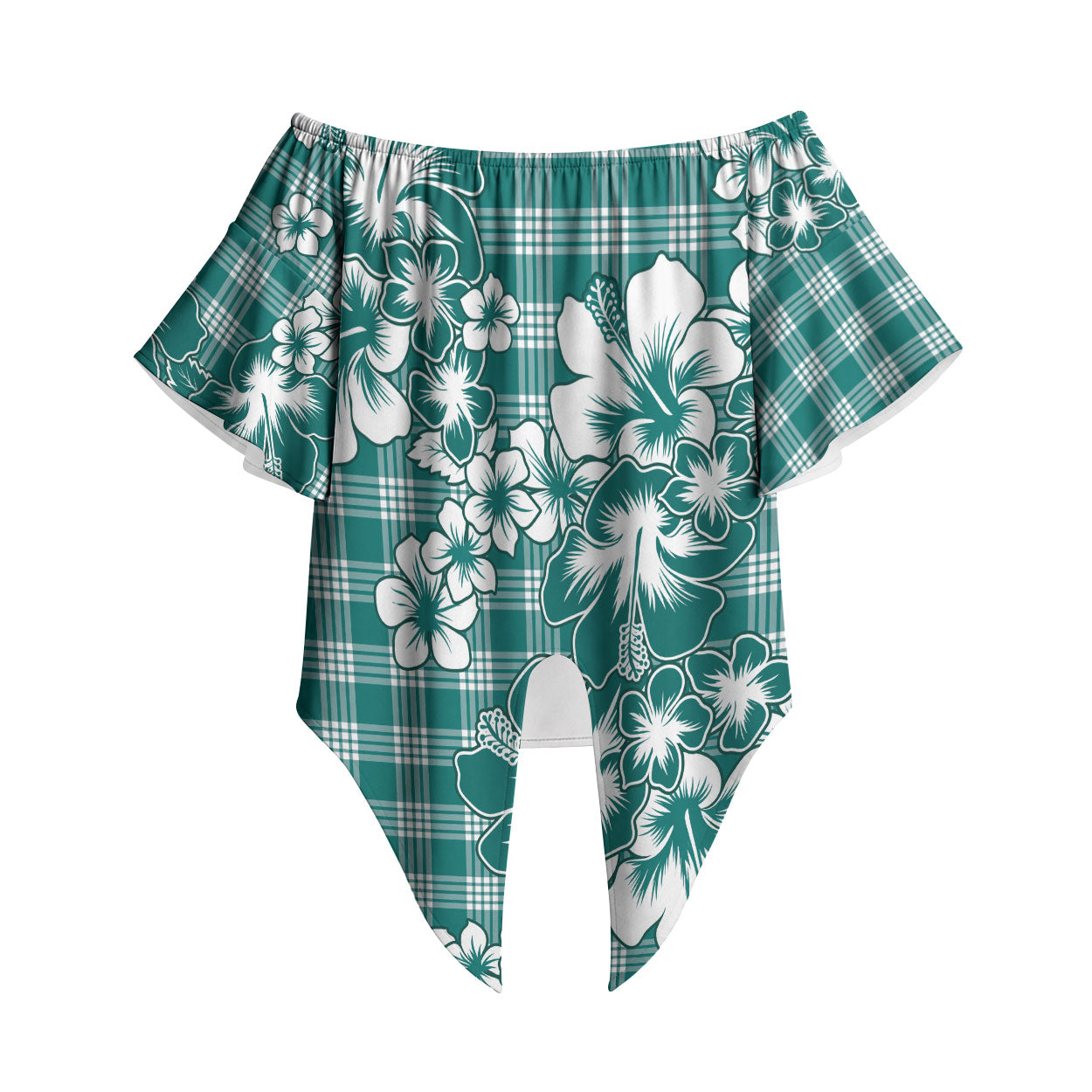 Hibiscus Pakala Aqua Teal Off Shoulder Wrap Waist Top Tropical Floral Stylized LT01 Teal - Polynesian Pride