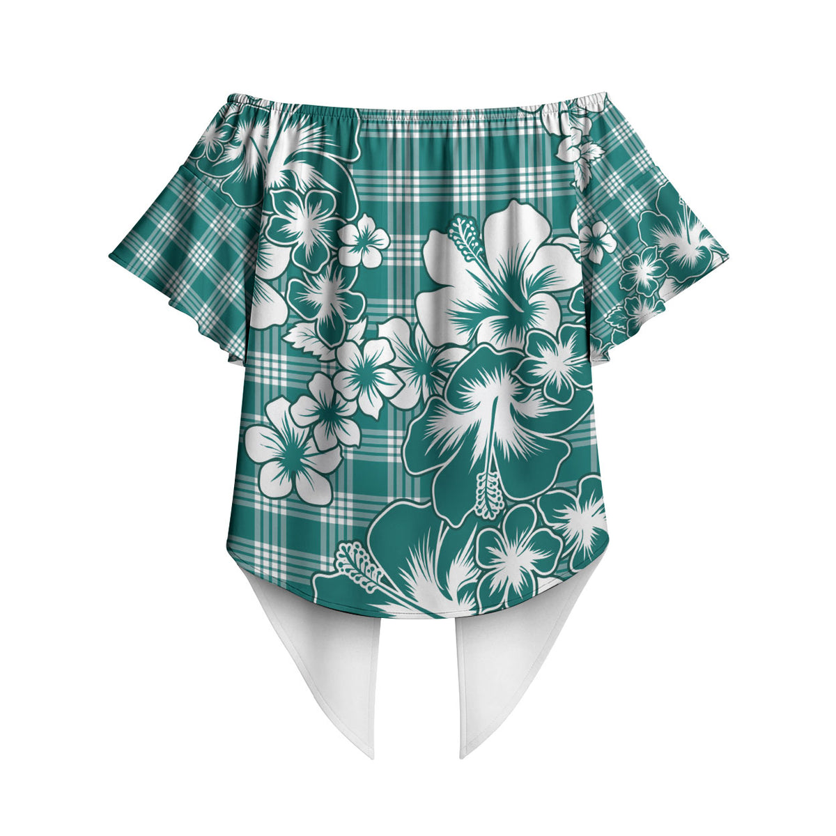 Hibiscus Pakala Aqua Teal Off Shoulder Wrap Waist Top Tropical Floral Stylized LT01 - Polynesian Pride