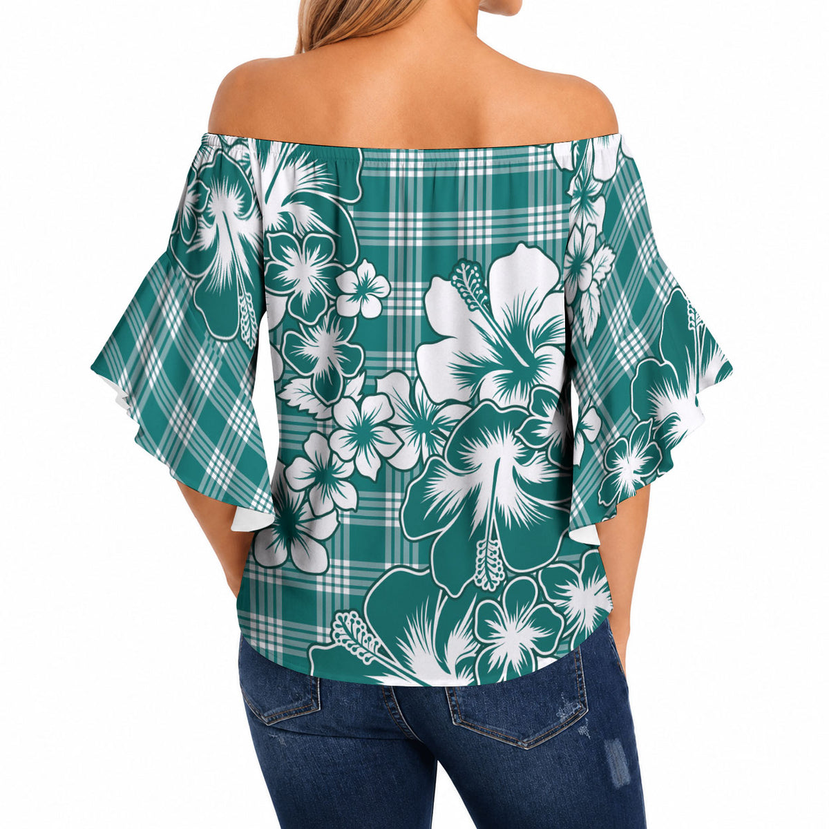 Hibiscus Pakala Aqua Teal Off Shoulder Wrap Waist Top Tropical Floral Stylized LT01 - Polynesian Pride