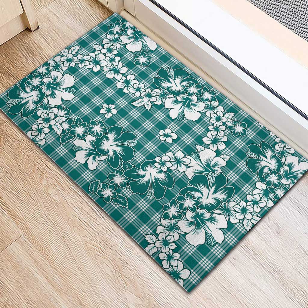 Hibiscus Pakala Aqua Teal Rubber Doormat Tropical Floral Stylized - Polynesian Pride