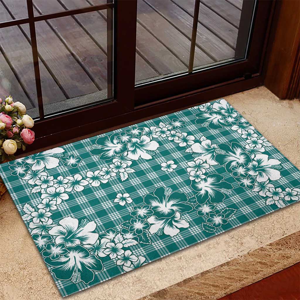 Hibiscus Pakala Aqua Teal Rubber Doormat Tropical Floral Stylized - Polynesian Pride