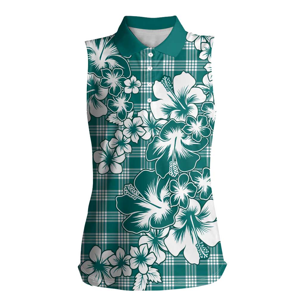 Hibiscus Pakala Aqua Teal Women Sleeveless Polo Shirt Tropical Floral Stylized LT01 Female Teal - Polynesian Pride