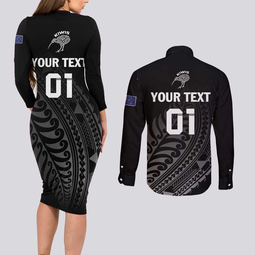 Custom New Zealand Cricket Couples Matching Long Sleeve Bodycon Dress and Long Sleeve Button Shirt Maori Kiwi Black Fern LT01 - Polynesian Pride