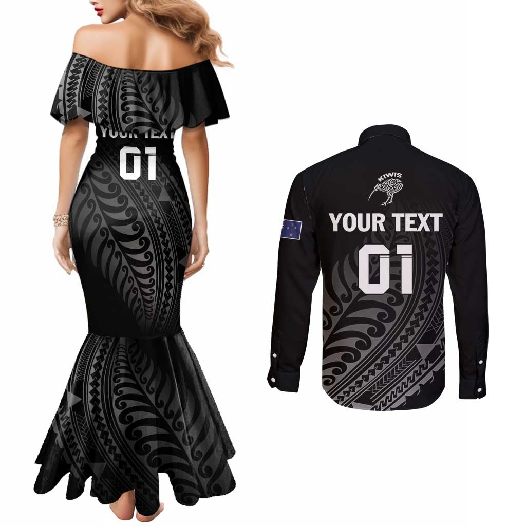 Custom New Zealand Cricket Couples Matching Mermaid Dress and Long Sleeve Button Shirt Maori Kiwi Black Fern LT01 - Polynesian Pride