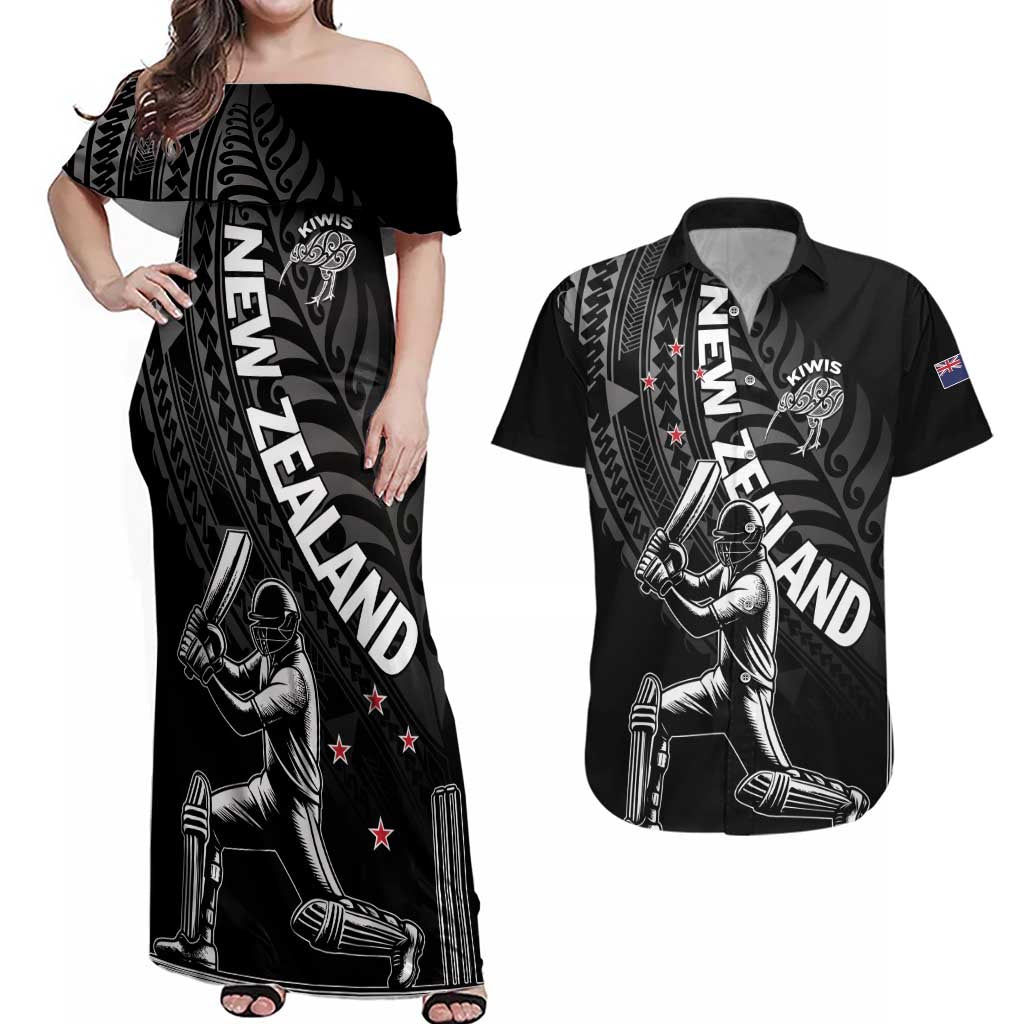 Custom New Zealand Cricket Couples Matching Off Shoulder Maxi Dress and Hawaiian Shirt Maori Kiwi Black Fern LT01 Black - Polynesian Pride