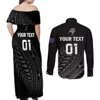 Custom New Zealand Cricket Couples Matching Off Shoulder Maxi Dress and Long Sleeve Button Shirt Maori Kiwi Black Fern LT01 - Polynesian Pride