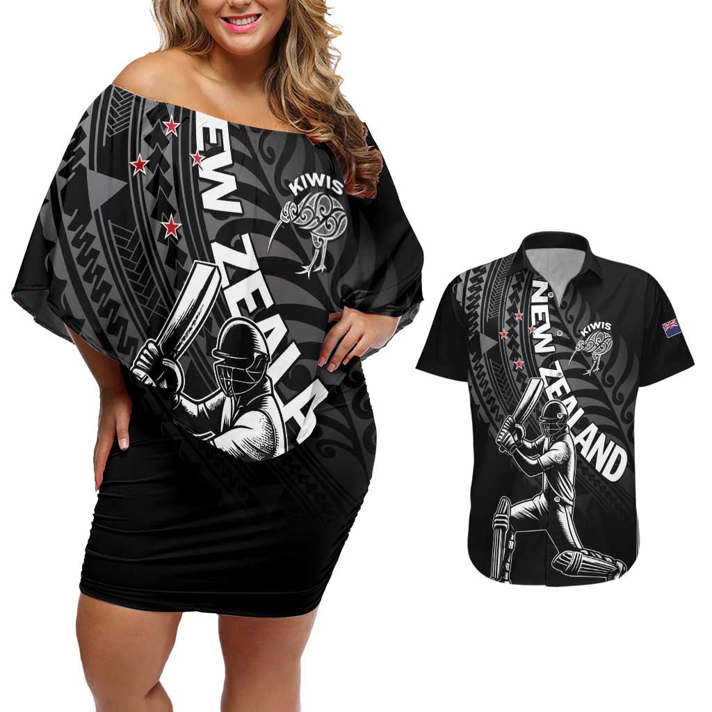 Custom New Zealand Cricket Couples Matching Off Shoulder Short Dress and Hawaiian Shirt Maori Kiwi Black Fern LT01 Black - Polynesian Pride