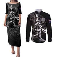 Custom New Zealand Cricket Couples Matching Puletasi and Long Sleeve Button Shirt Maori Kiwi Black Fern LT01 Black - Polynesian Pride