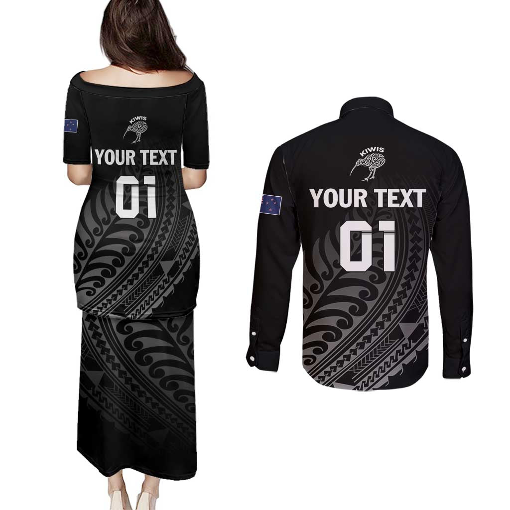 Custom New Zealand Cricket Couples Matching Puletasi and Long Sleeve Button Shirt Maori Kiwi Black Fern LT01 - Polynesian Pride