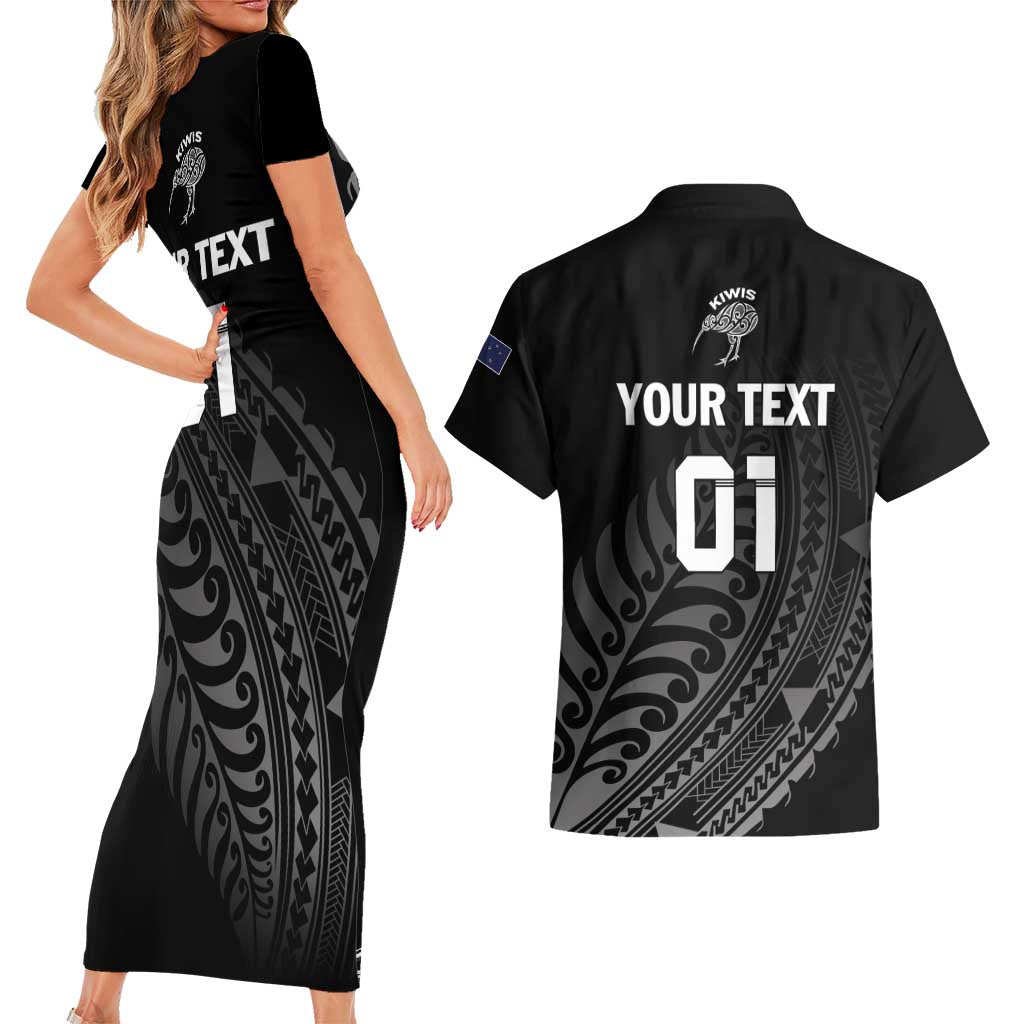 Custom New Zealand Cricket Couples Matching Short Sleeve Bodycon Dress and Hawaiian Shirt Maori Kiwi Black Fern LT01 - Polynesian Pride
