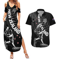 Custom New Zealand Cricket Couples Matching Summer Maxi Dress and Hawaiian Shirt Maori Kiwi Black Fern LT01 Black - Polynesian Pride