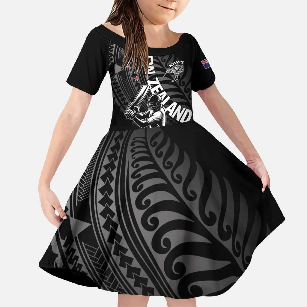 Custom New Zealand Cricket Family Matching Mermaid Dress and Hawaiian Shirt Maori Kiwi Black Fern LT01 Daughter's Dress Black - Polynesian Pride