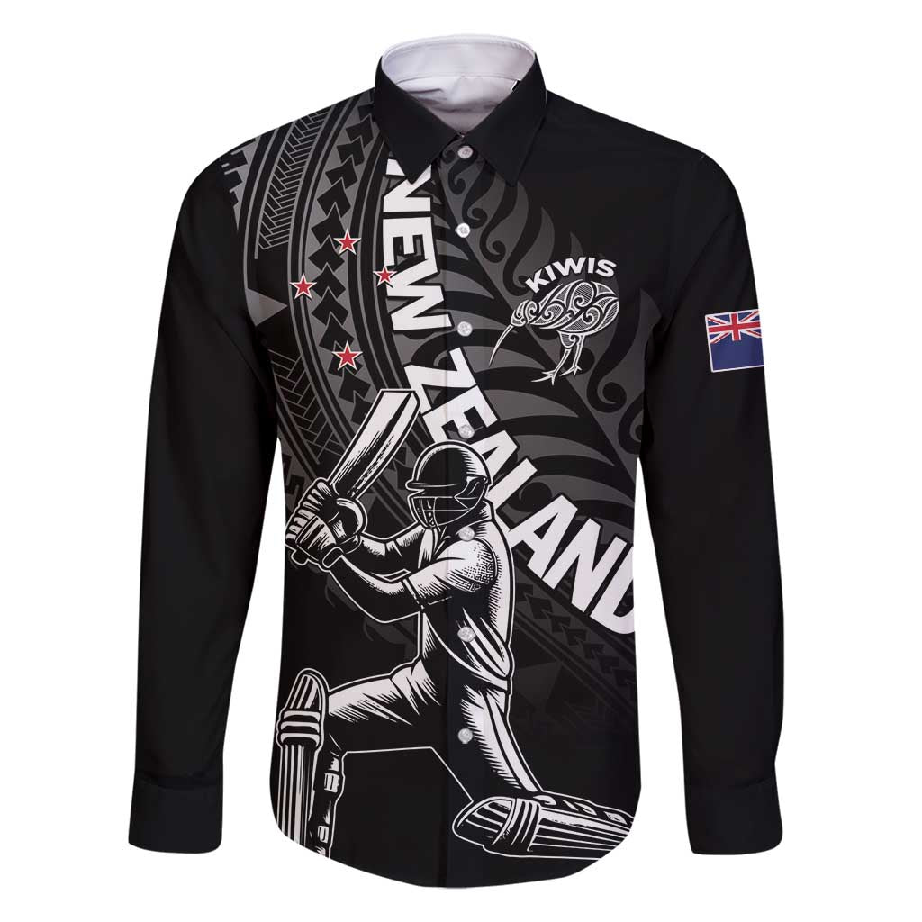 Custom New Zealand Cricket Family Matching Mermaid Dress and Hawaiian Shirt Maori Kiwi Black Fern LT01 Dad's Shirt - Long Sleeve Black - Polynesian Pride