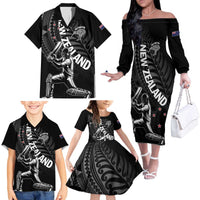 Custom New Zealand Cricket Family Matching Off The Shoulder Long Sleeve Dress and Hawaiian Shirt Maori Kiwi Black Fern LT01 - Polynesian Pride