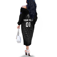 Custom New Zealand Cricket Family Matching Off The Shoulder Long Sleeve Dress and Hawaiian Shirt Maori Kiwi Black Fern LT01 - Polynesian Pride