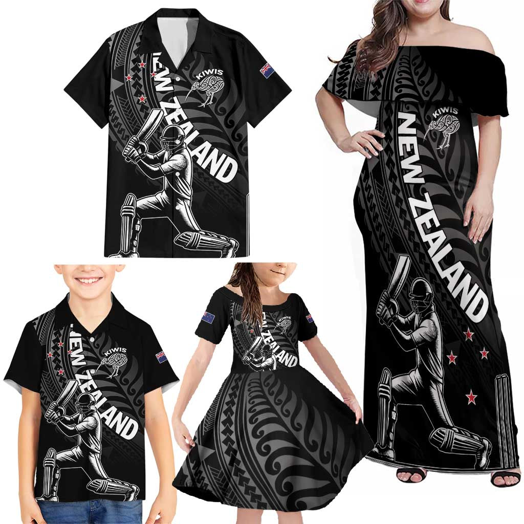 Custom New Zealand Cricket Family Matching Off Shoulder Maxi Dress and Hawaiian Shirt Maori Kiwi Black Fern LT01 - Polynesian Pride