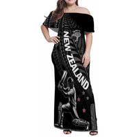Custom New Zealand Cricket Family Matching Off Shoulder Maxi Dress and Hawaiian Shirt Maori Kiwi Black Fern LT01 Mom's Dress Black - Polynesian Pride