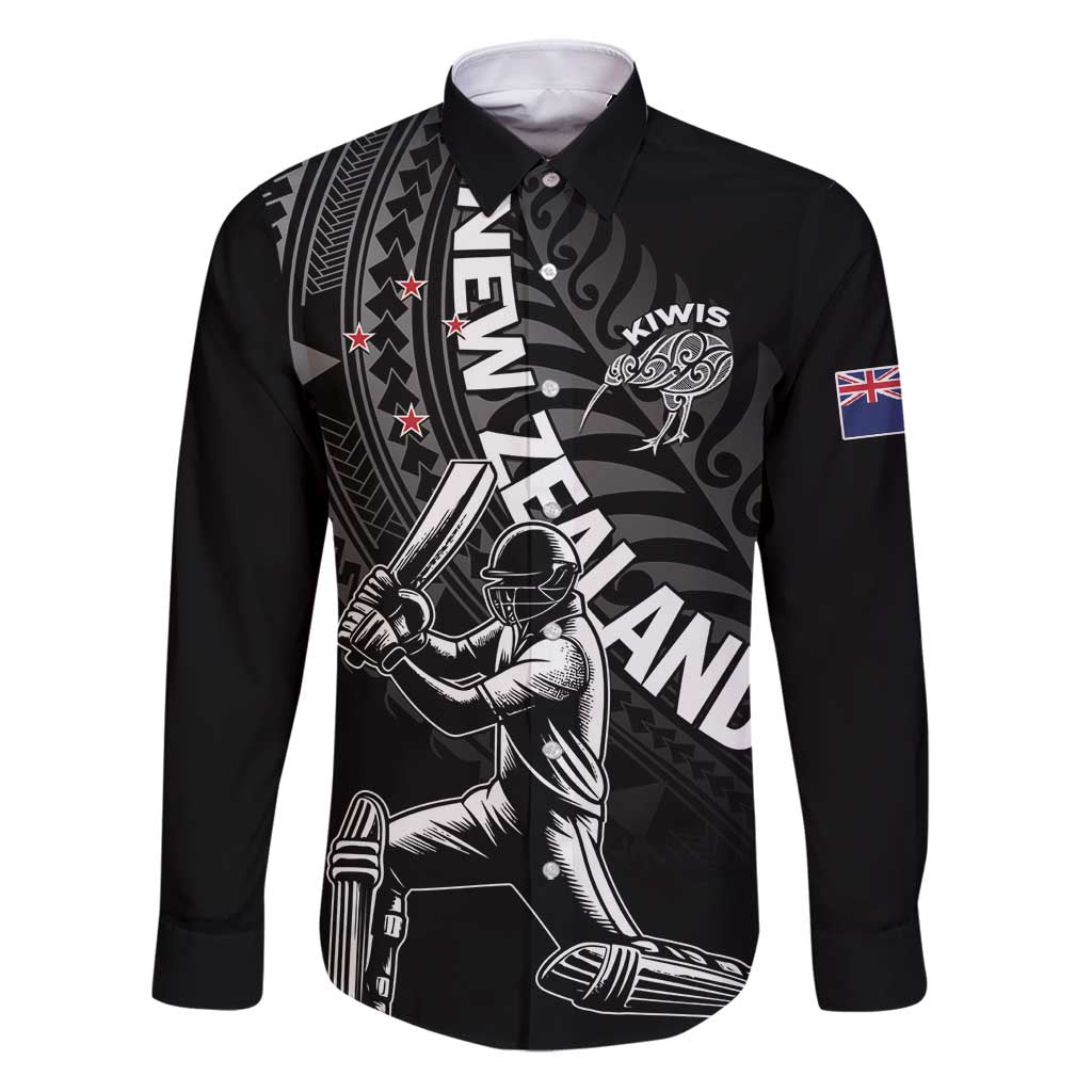 Custom New Zealand Cricket Family Matching Puletasi and Hawaiian Shirt Maori Kiwi Black Fern LT01 Dad's Shirt - Long Sleeve Black - Polynesian Pride