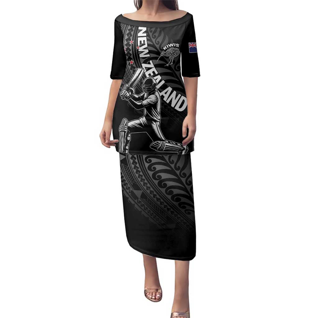 Custom New Zealand Cricket Family Matching Puletasi and Hawaiian Shirt Maori Kiwi Black Fern LT01 Mom's Dress Black - Polynesian Pride