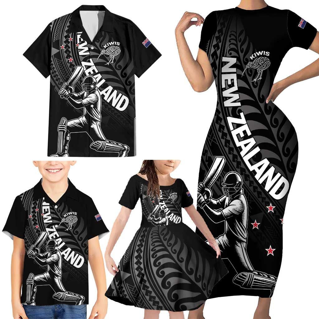 Custom New Zealand Cricket Family Matching Short Sleeve Bodycon Dress and Hawaiian Shirt Maori Kiwi Black Fern LT01 - Polynesian Pride