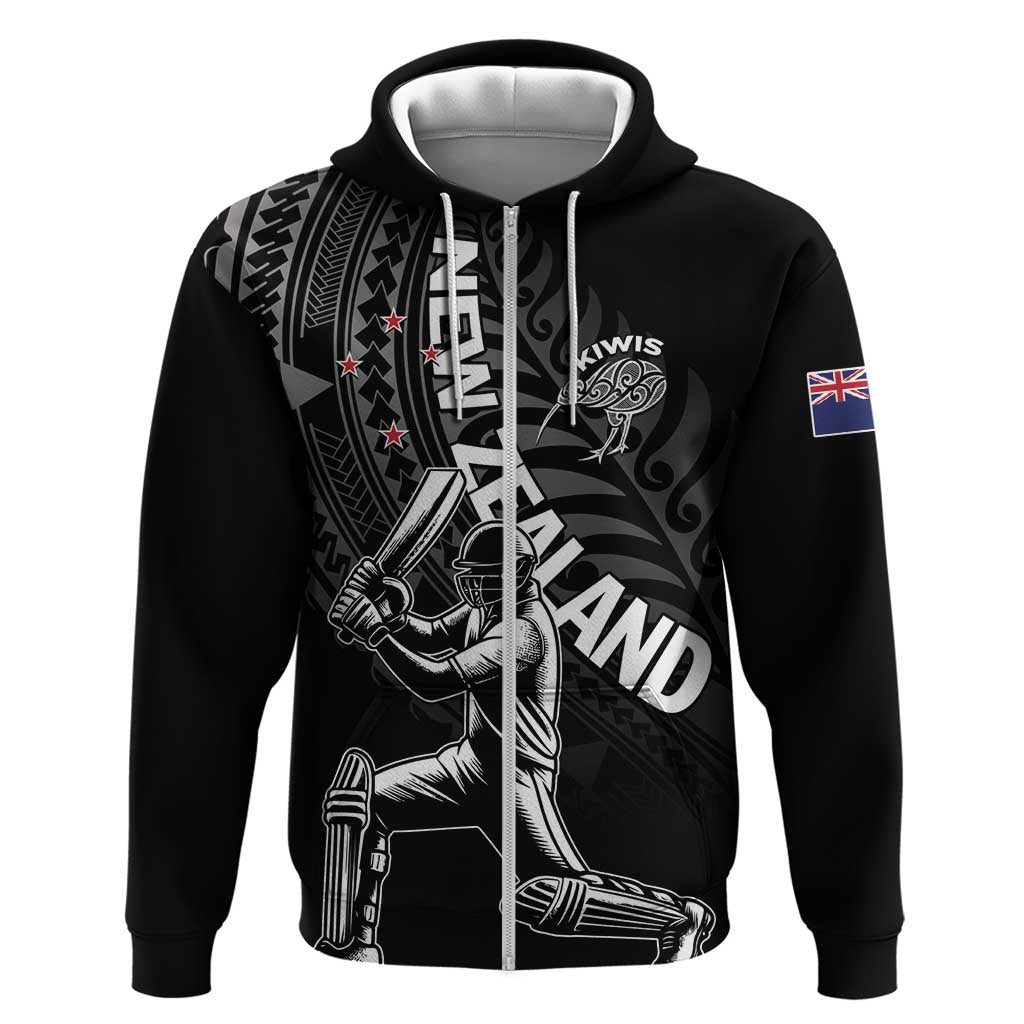 Custom New Zealand Cricket Hoodie Maori Kiwi Black Fern LT01 Zip Hoodie Black - Polynesian Pride