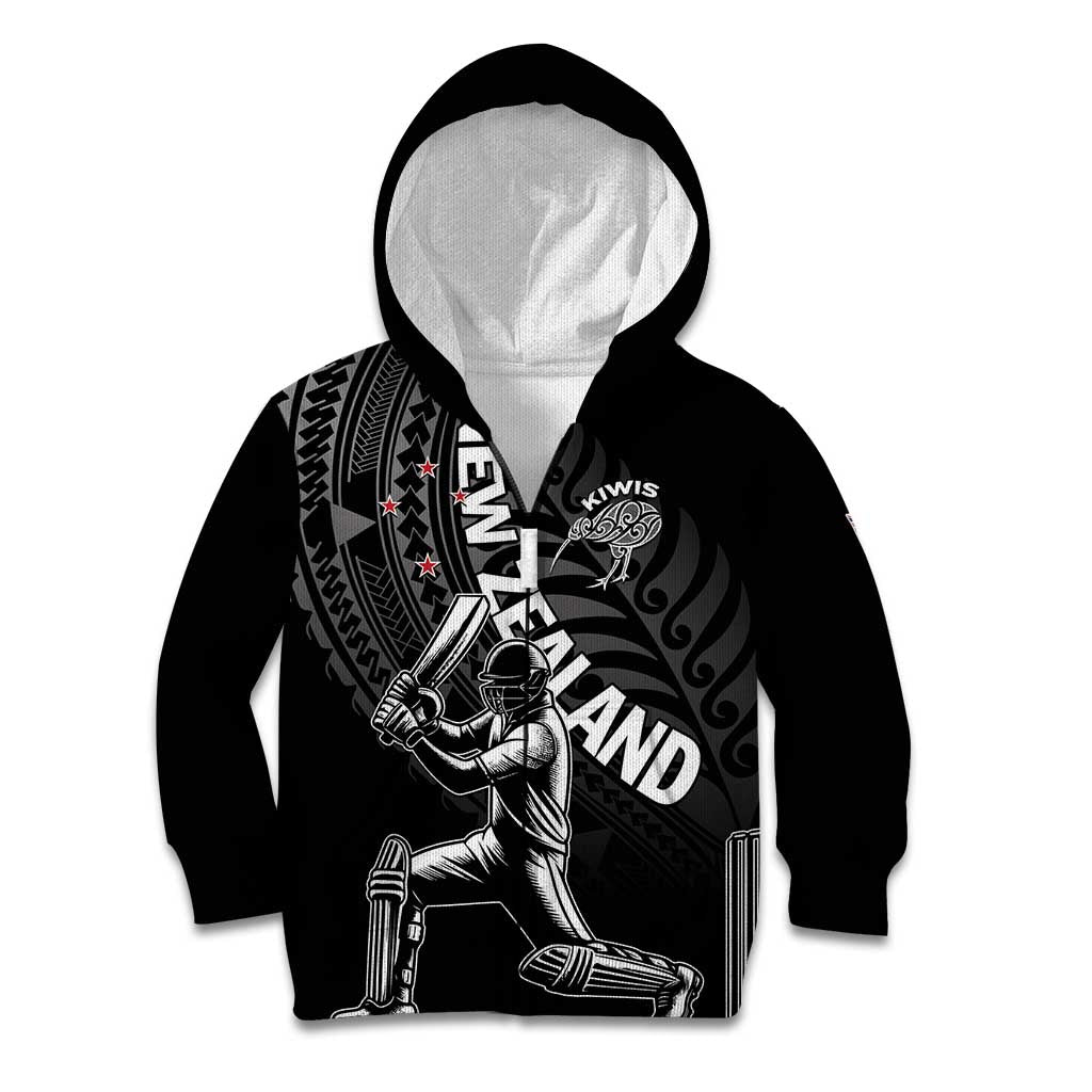 Custom New Zealand Cricket Kid Hoodie Maori Kiwi Black Fern LT01 Zip Hoodie Black - Polynesian Pride