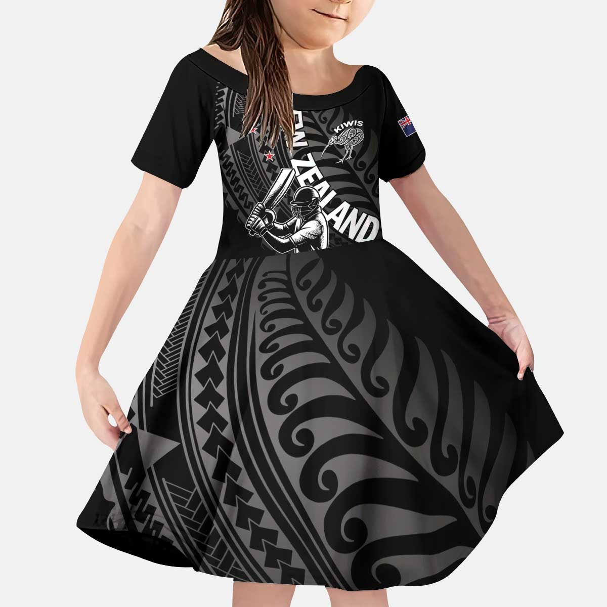 Custom New Zealand Cricket Kid Short Sleeve Dress Maori Kiwi Black Fern LT01 KID Black - Polynesian Pride