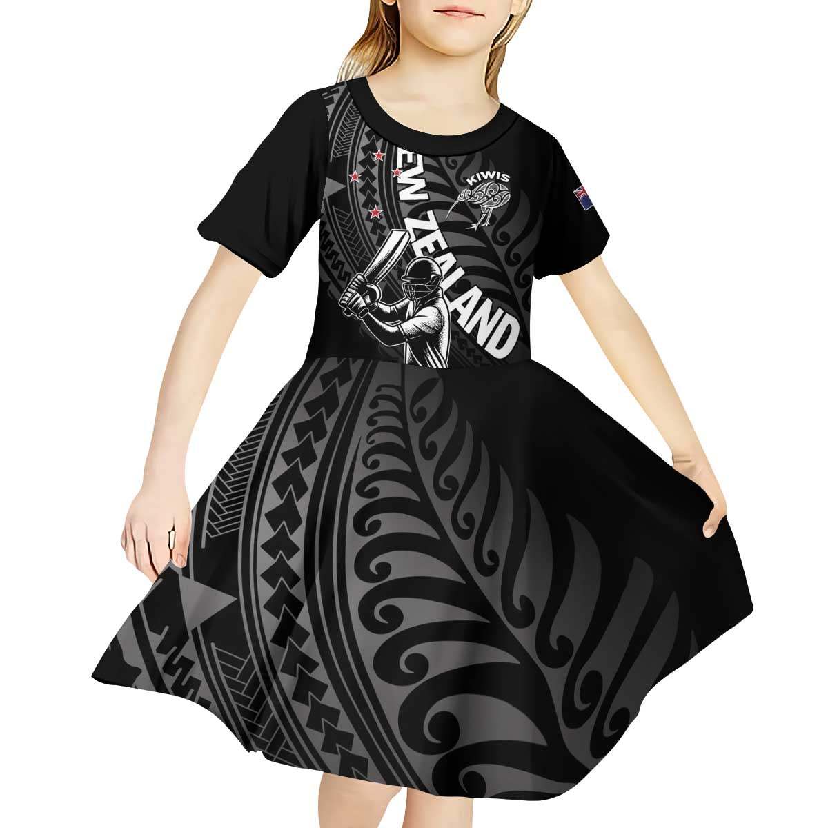 Custom New Zealand Cricket Kid Short Sleeve Dress Maori Kiwi Black Fern LT01 - Polynesian Pride