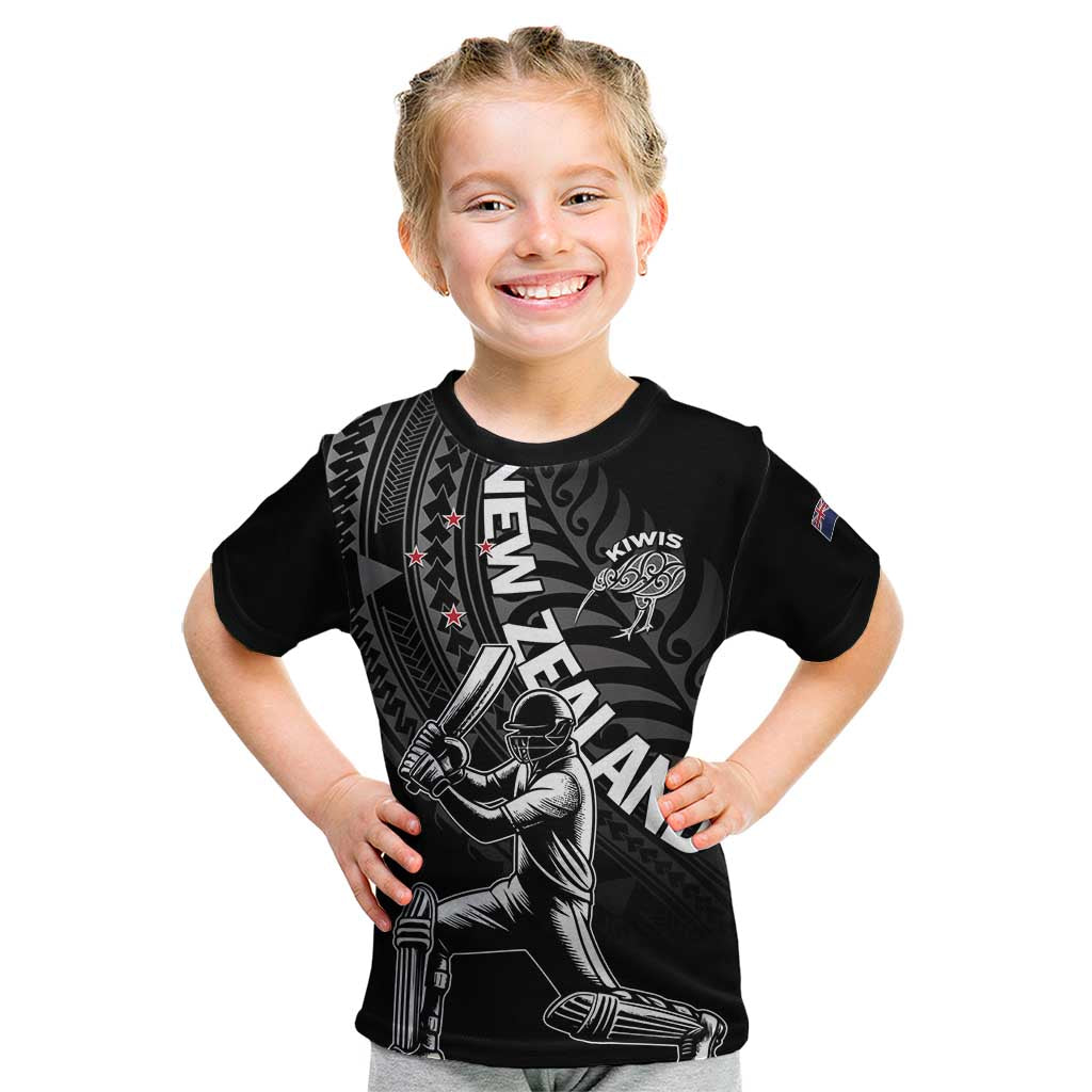 Custom New Zealand Cricket Kid T Shirt Maori Kiwi Black Fern LT01 Black - Polynesian Pride