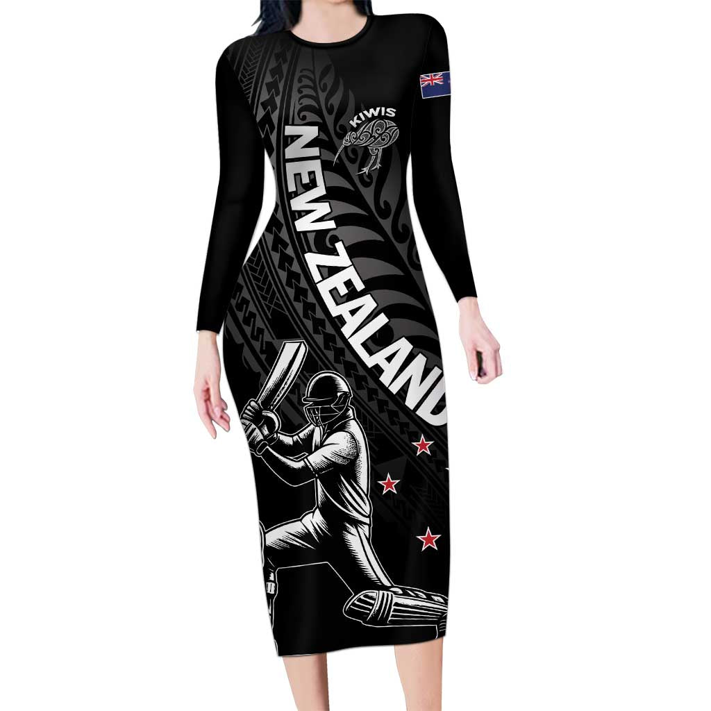 Custom New Zealand Cricket Long Sleeve Bodycon Dress Maori Kiwi Black Fern LT01 Long Dress Black - Polynesian Pride
