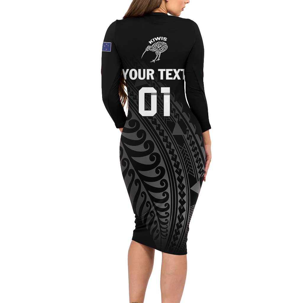 Custom New Zealand Cricket Long Sleeve Bodycon Dress Maori Kiwi Black Fern LT01 - Polynesian Pride