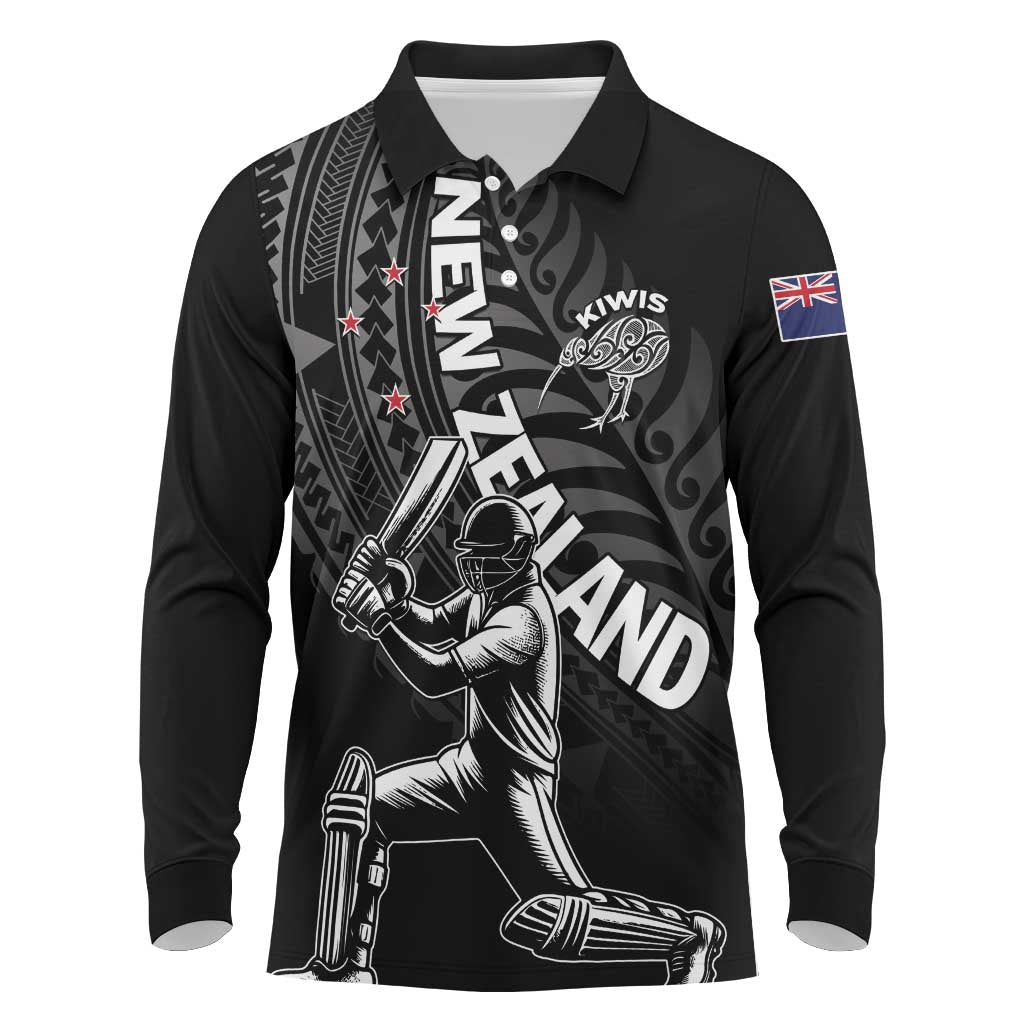 Custom New Zealand Cricket Long Sleeve Polo Shirt Maori Kiwi Black Fern LT01 Black - Polynesian Pride