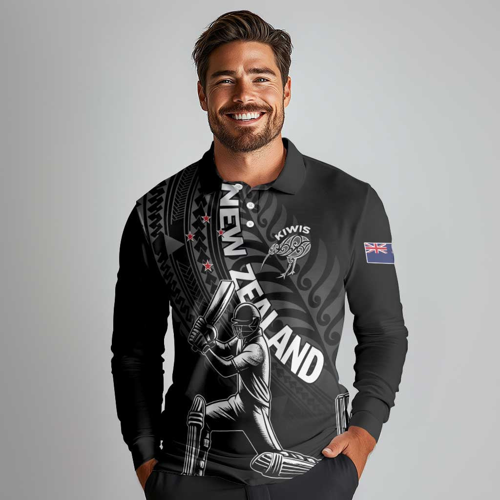 Custom New Zealand Cricket Long Sleeve Polo Shirt Maori Kiwi Black Fern LT01 - Polynesian Pride