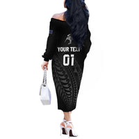 Custom New Zealand Cricket Off The Shoulder Long Sleeve Dress Maori Kiwi Black Fern LT01 - Polynesian Pride