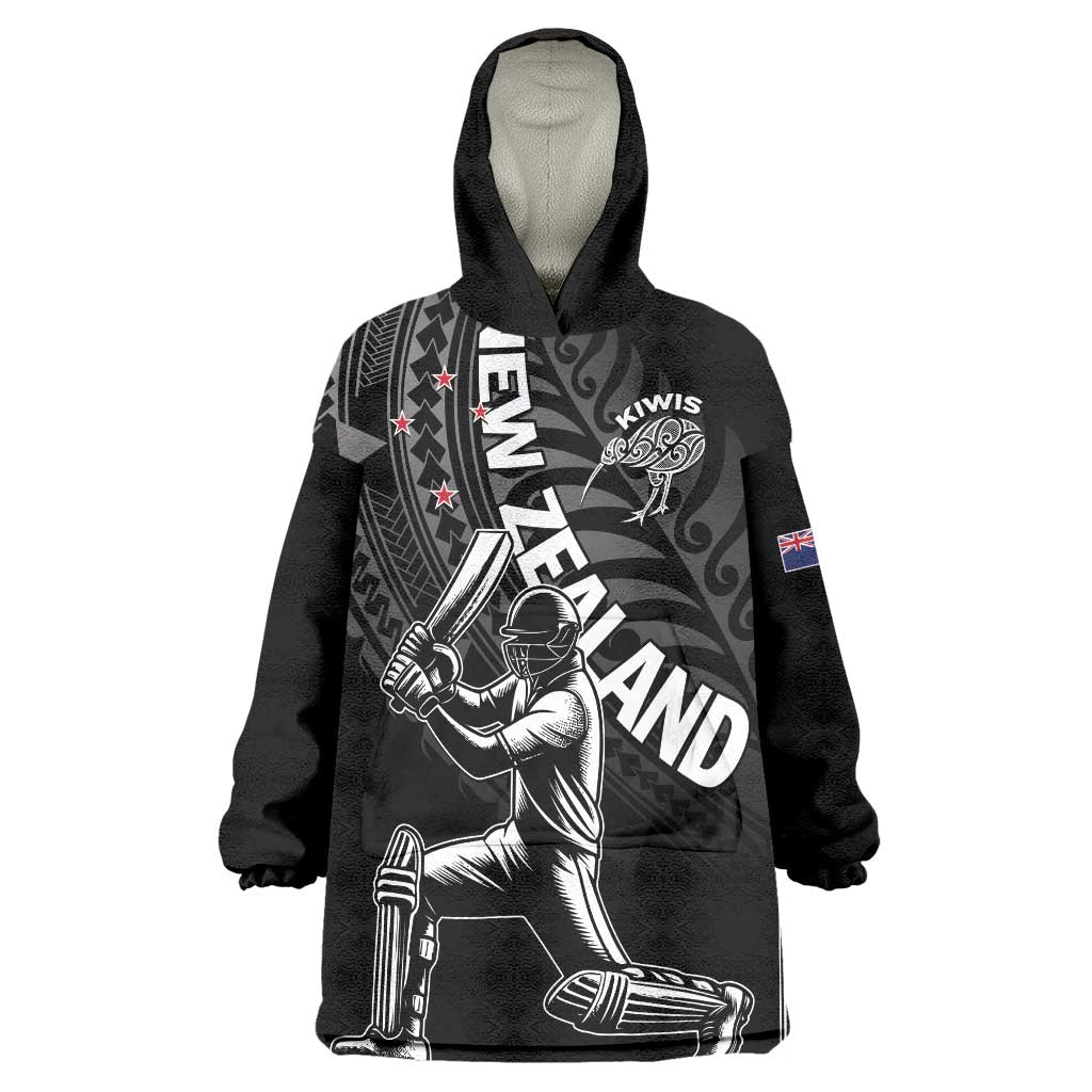 Custom New Zealand Cricket Wearable Blanket Hoodie Maori Kiwi Black Fern LT01 One Size Black - Polynesian Pride