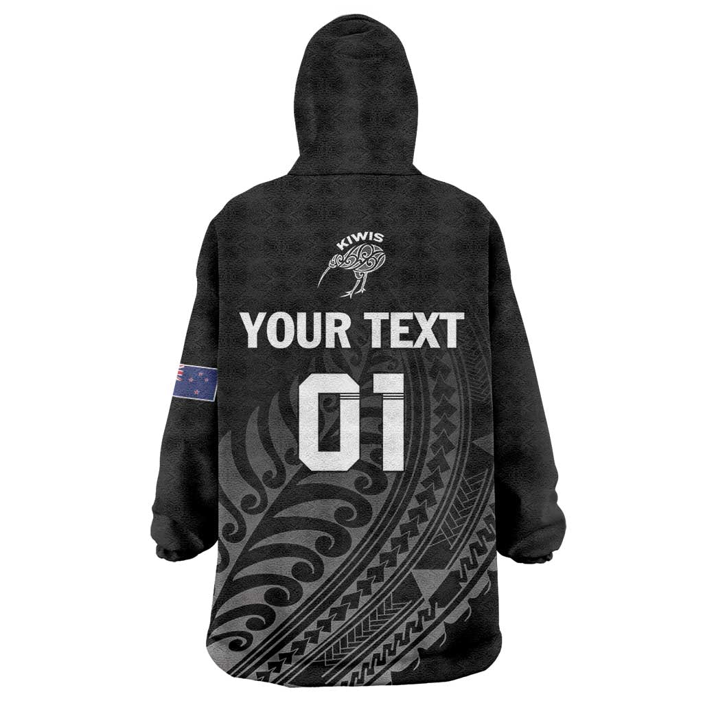 Custom New Zealand Cricket Wearable Blanket Hoodie Maori Kiwi Black Fern LT01 - Polynesian Pride