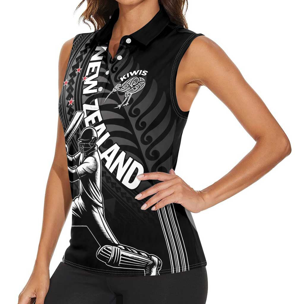 Custom New Zealand Cricket Women Sleeveless Polo Shirt Maori Kiwi Black Fern LT01 - Polynesian Pride