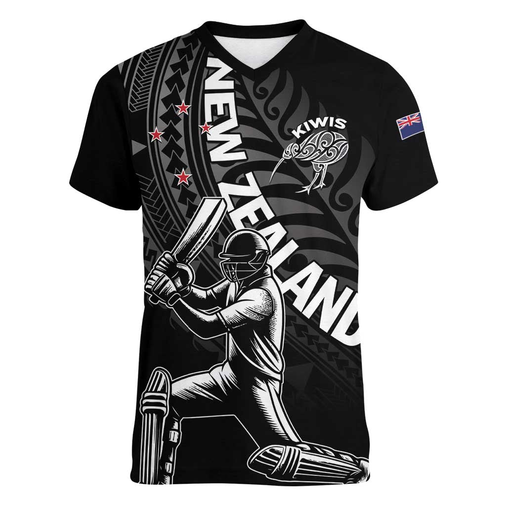 Custom New Zealand Cricket Women V-Neck T-Shirt Maori Kiwi Black Fern LT01 Female Black - Polynesian Pride