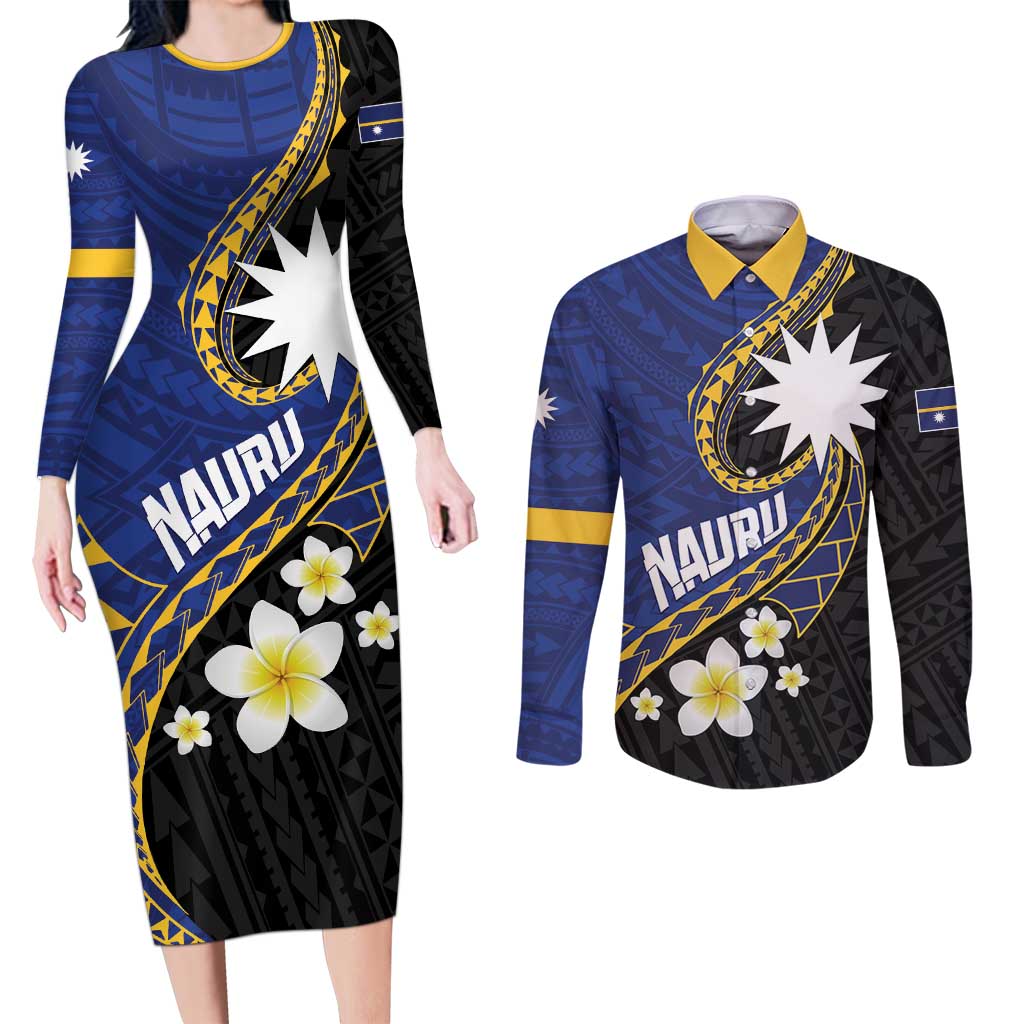 Personalised Nauru Couples Matching Long Sleeve Bodycon Dress and Long Sleeve Button Shirt Naoero Proud Plumeria LT01 Blue - Polynesian Pride
